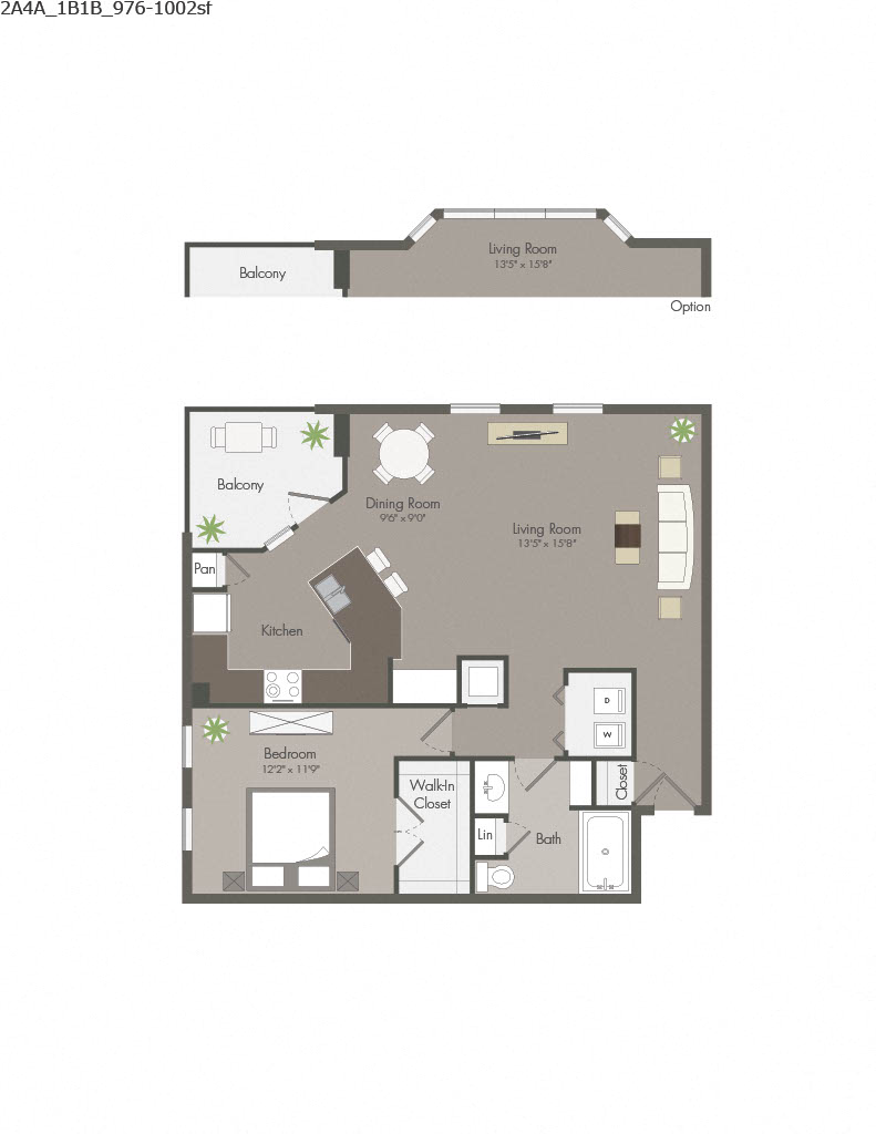Floor plan for 1 bed, 1 bath, 976 sqft
